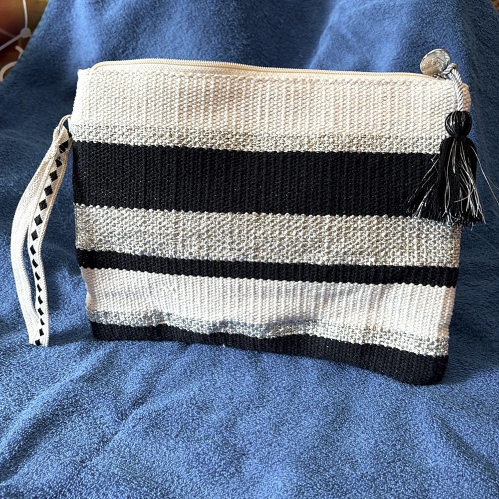 Black and Beige Striped Women's Clutch with silver threads